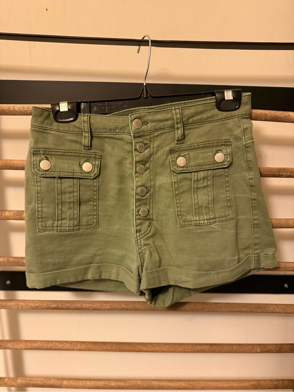 MINKPINK Olive Green High-Waist Button Front Utility Shorts